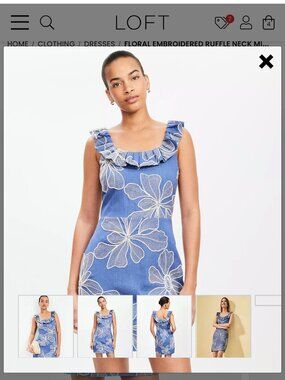 NWT LOFT Blue Embroidered Floral Sleeveless Ruffle Trim Off Shoulder Dress